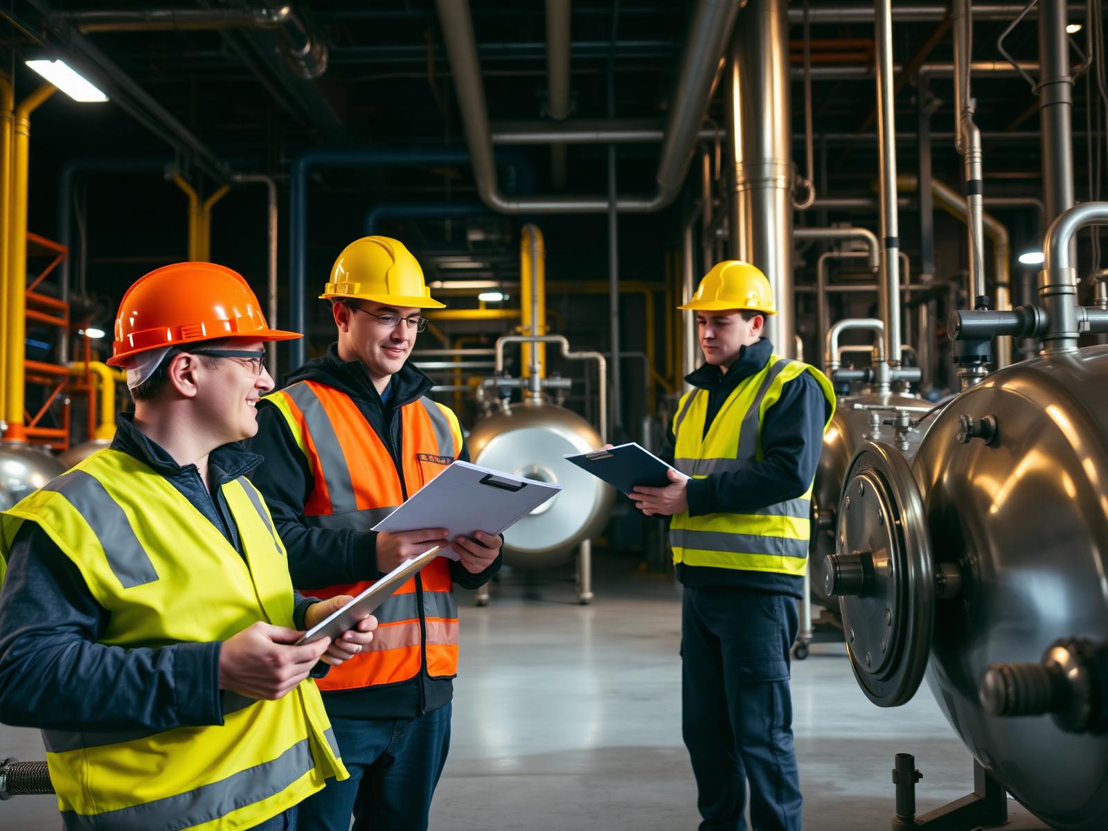 Safety engineers conducting an ESD walkthrough audit inside a chemical processing plant