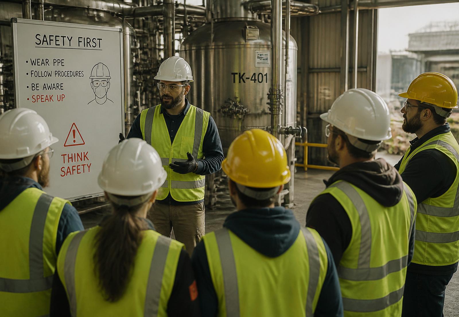 Safety training session with plant workers in hi-vis vests and hard hats